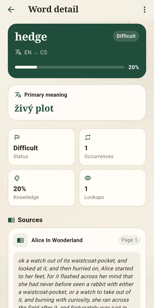 Lextory word detail with translation, status and the book context