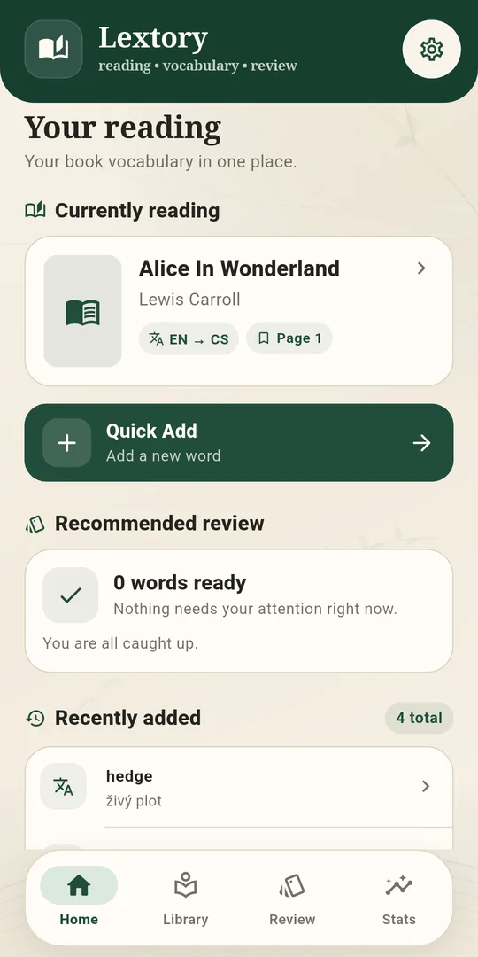 Lextory home screen with the current book, quick add and recently added words
