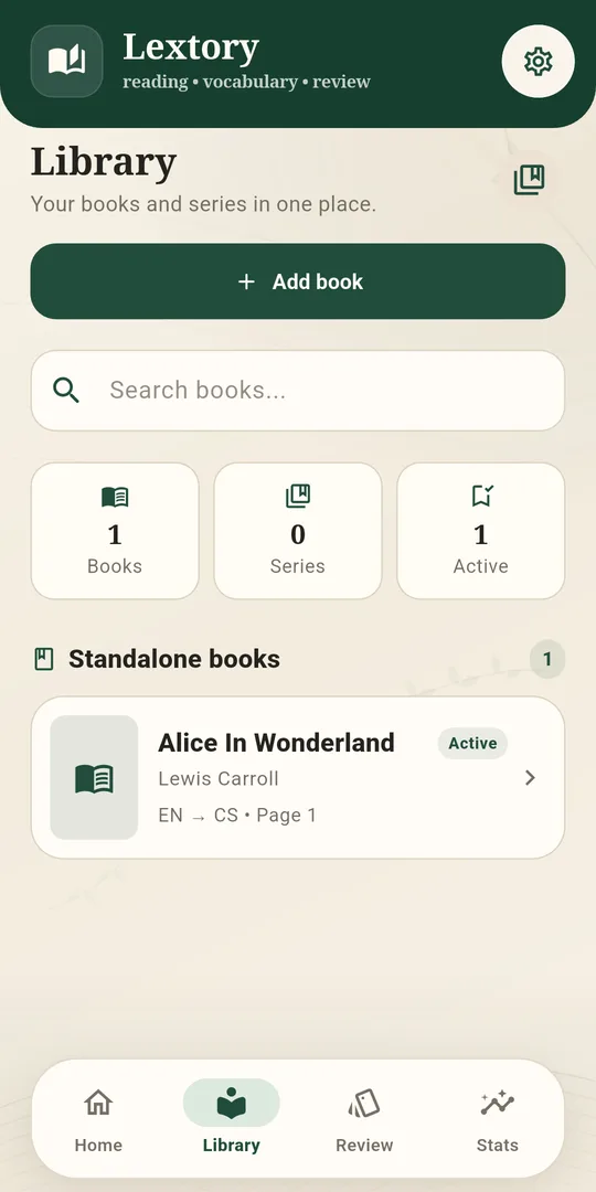 Lextory library with a book and reading status