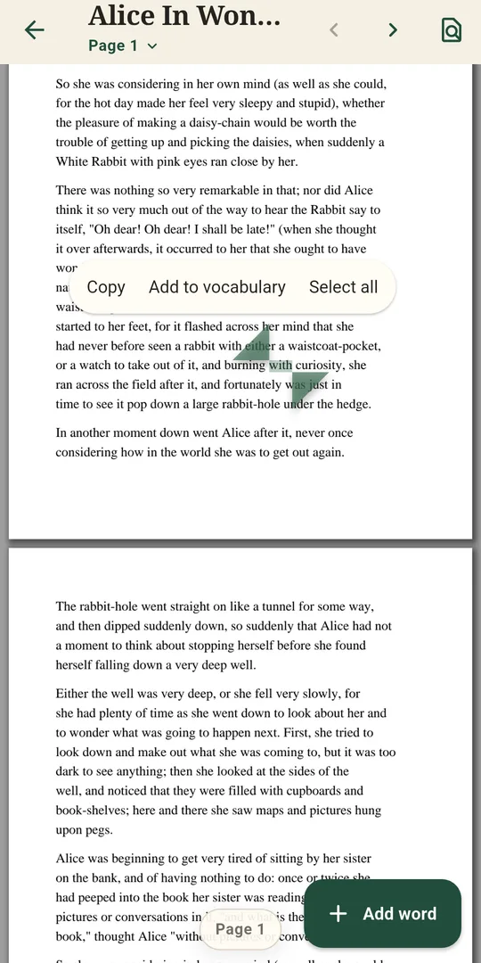 Reading a PDF book in Lextory with the Add to vocabulary menu on selected text