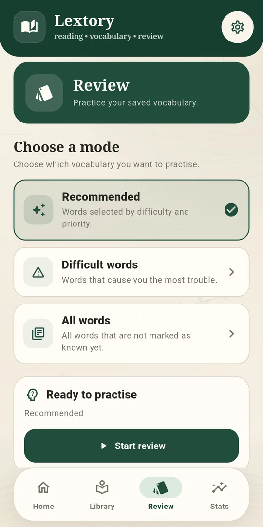 Lextory review screen showing vocabulary practice modes